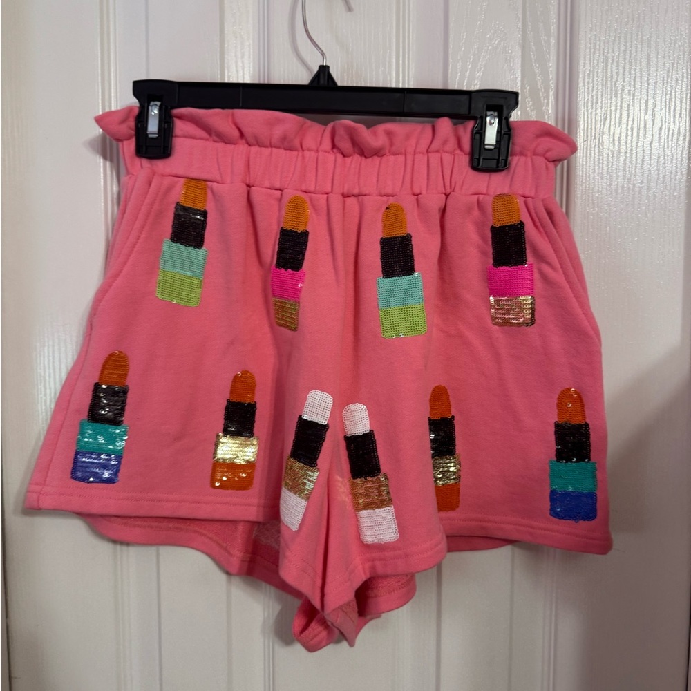 QOS Pink Lipstick Embroidered Shorts